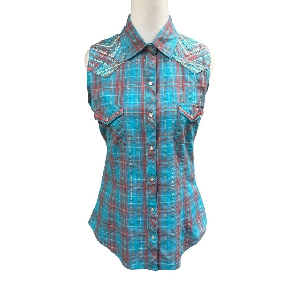 Panhandle Plaid Embroidered Snap Button Southwestern Sleeveless Top Sz S Rodeo